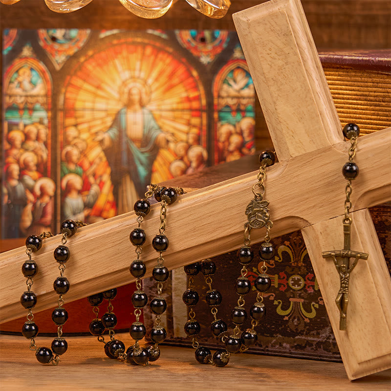 Christianartworkshop Rosario con catena in lega di pietra nera rotonda da 10 mm, rosa e crocifisso - Nero - image 0