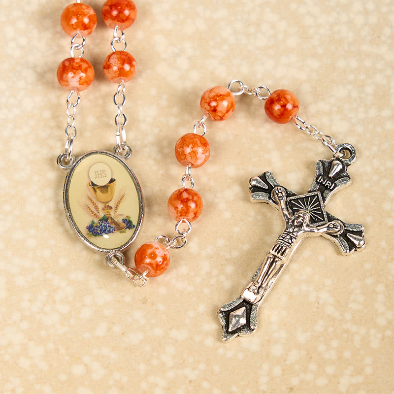 Christianartworkshop Rosario con catena in lega di vetro arancione rotonda da 8 mm per la Santa Comunione e Crocifisso - image 4