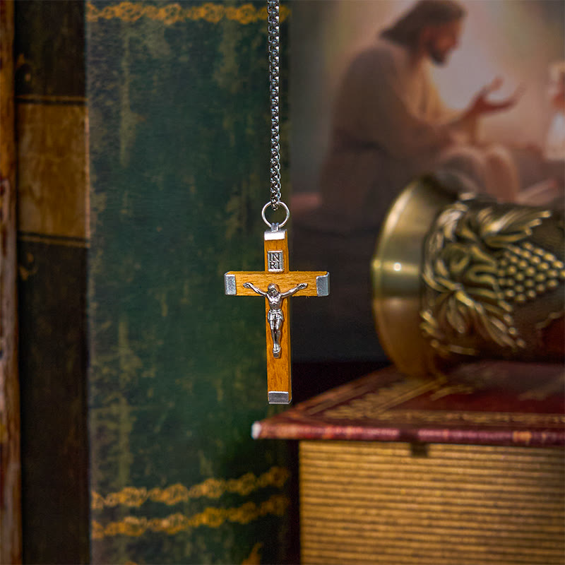 Collana con ciondolo in legno e lega con icona di Gesù in stile retrò Christianartworkshop - image 1