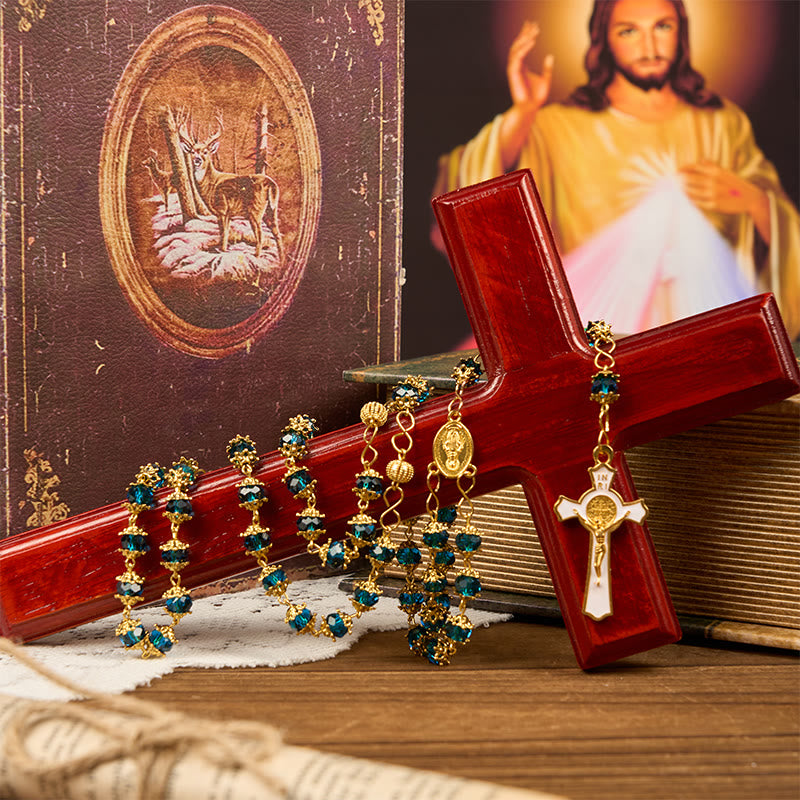 Rosario con catena in lega acrilica blu poliedrica con medaglia miracolosa e crocifisso da 6 mm - image 2