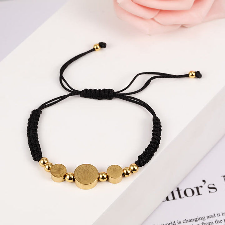 Braccialetto in corda nera intrecciata in acciaio inossidabile di San Benedetto Christianartworkshop - image 2