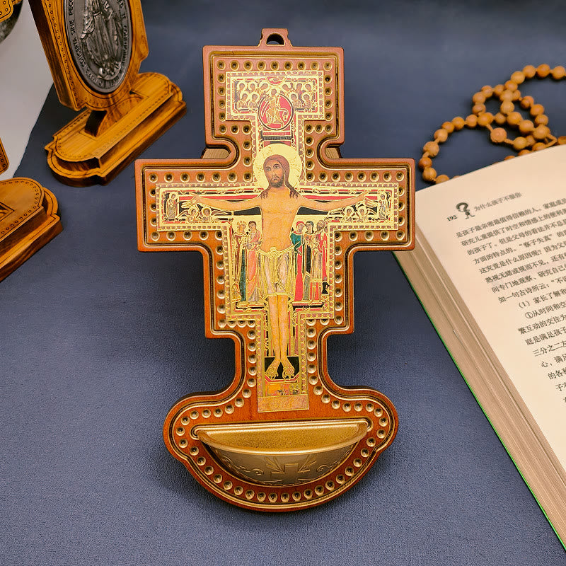 Christianartworkshop Acquasantiera Damian Via Crucis Croce in legno d'ulivo - Acquasantiera - image 0