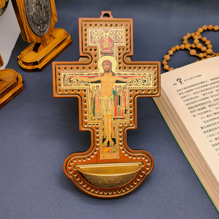 Christianartworkshop Acquasantiera Damian Via Crucis Croce in legno d'ulivo - Acquasantiera - image 0