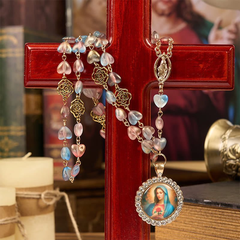 Christianartworkshop Rosario con catena in lega di vetro multicolore con medaglia miracolosa e cuore immacolato da 10 mm a forma di cuore rosa - image 1