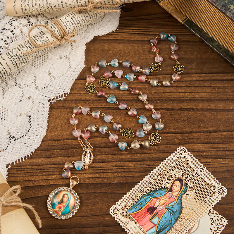 Christianartworkshop Rosario con catena in lega di vetro multicolore con medaglia miracolosa e cuore immacolato da 10 mm a forma di cuore rosa - Multicolore - image 0