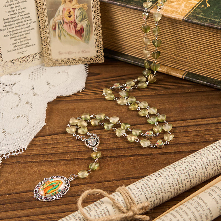 Christianartworkshop Cuore di Spine e Nostra Signora di Guadalupe di Rosario con catena in lega di vetro verde a forma di cuore da 10 mm - Verde - image 0