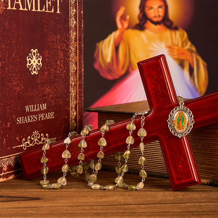 Christianartworkshop Cuore di Spine e Nostra Signora di Guadalupe di Rosario con catena in lega di vetro verde a forma di cuore da 10 mm - image 3