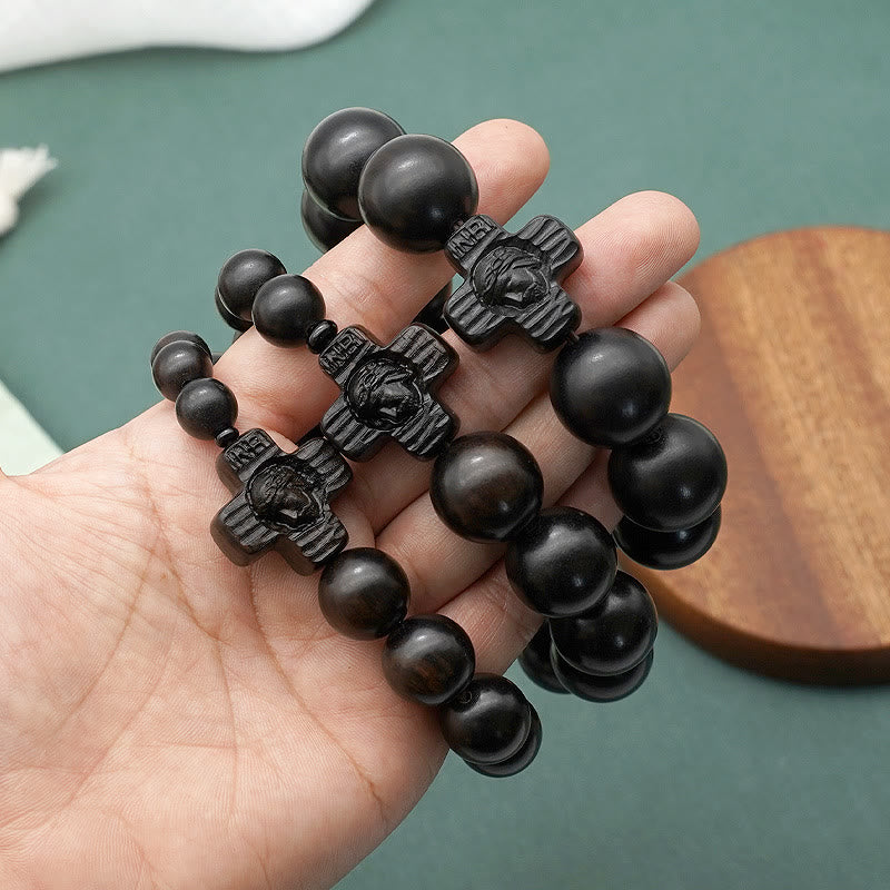 Christianartworkshop Classico Braccialetto Rosario in legno di sandalo nero con croce di Gesù Cristo - image 2
