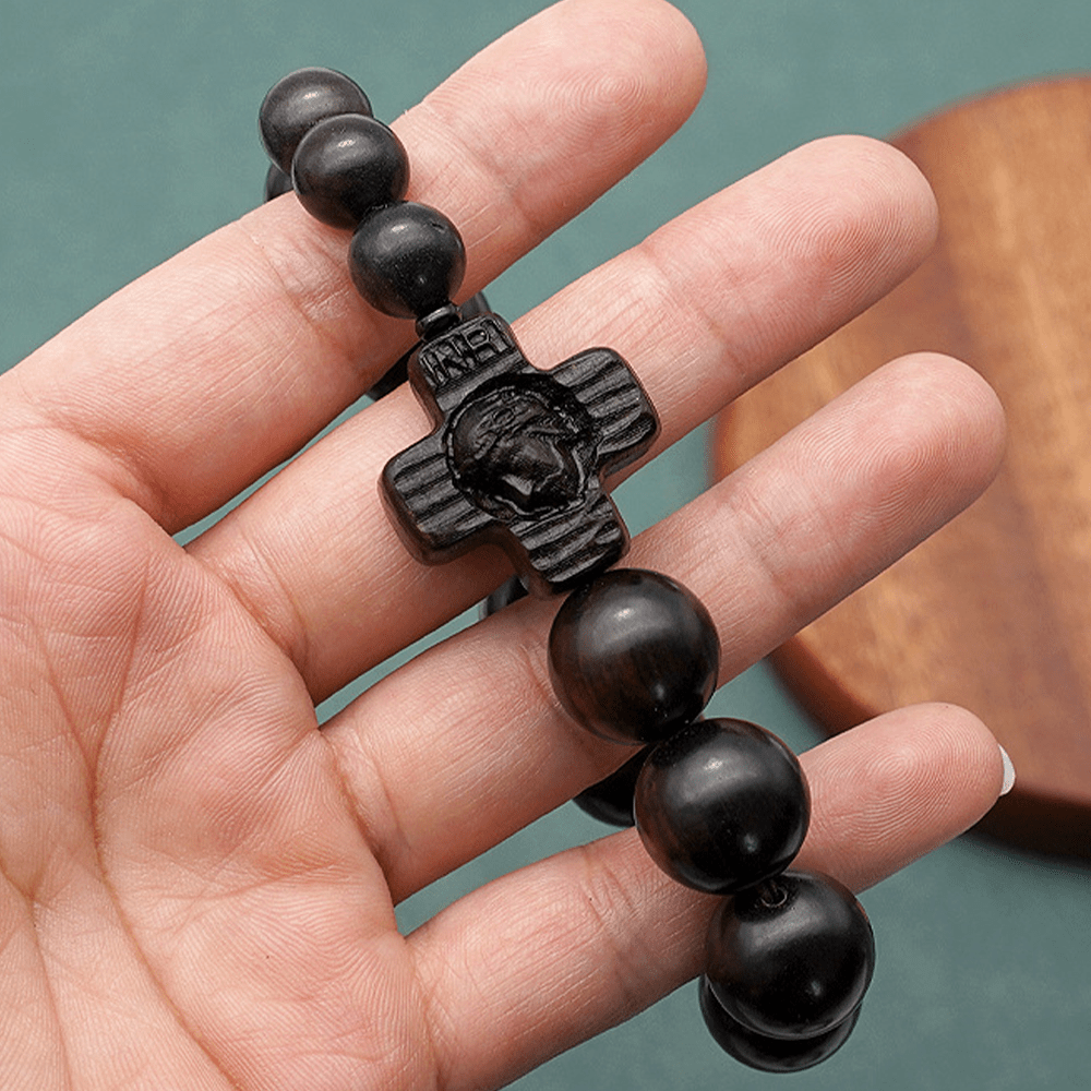 Christianartworkshop Classico Braccialetto Rosario in legno di sandalo nero con croce di Gesù Cristo - image 10