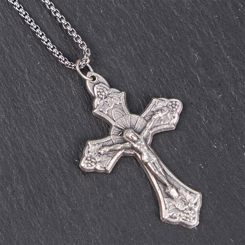 Collana con ciondolo a forma di crocifisso di Gesù con foglie di vite, artigianato esclusivo e motivo retrò Christianartworkshop - image 4