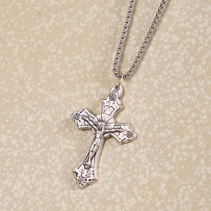 Collana con ciondolo a forma di crocifisso di Gesù con foglie di vite, artigianato esclusivo e motivo retrò Christianartworkshop - image 2