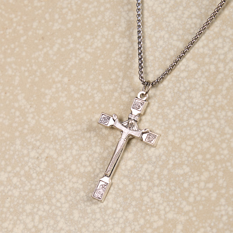 Christianartworkshop Collana con ciondolo minimalista esclusivo di Gesù Crocifisso con rose - image 1