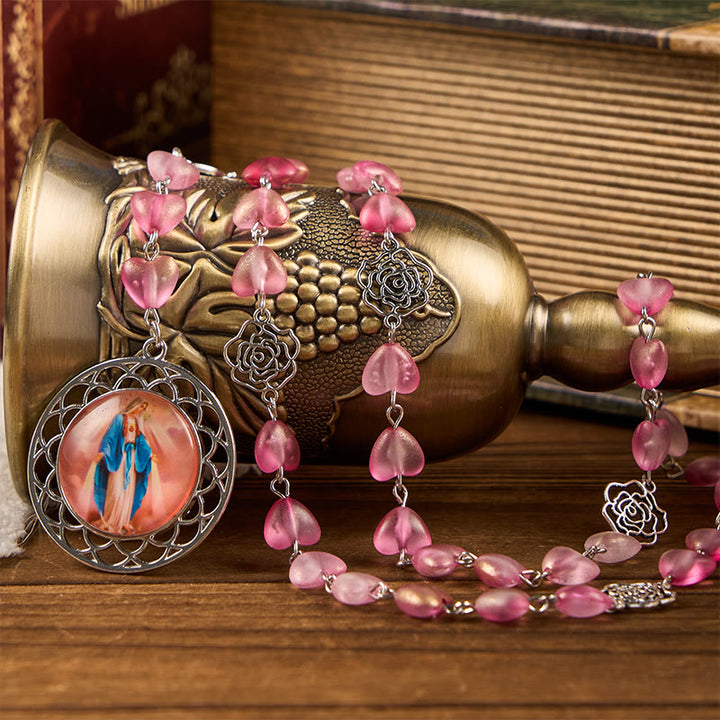 Christianartworkshop Rosario con catena in lega di vetro rosa e medaglia miracolosa a forma di cuore da 10 mm - Rosa - image 0