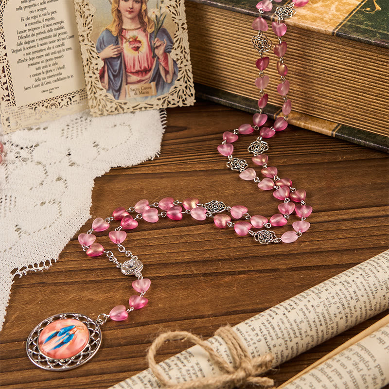 Christianartworkshop Rosario con catena in lega di vetro rosa e medaglia miracolosa a forma di cuore da 10 mm - image 1