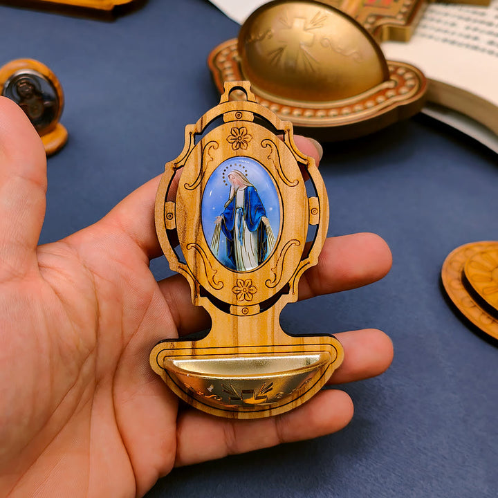 Christianartworkshop Medaglia Miracolosa Acquasantiera in Legno d'Ulivo Assunzione della Madonna - Acquasantiera - image 0