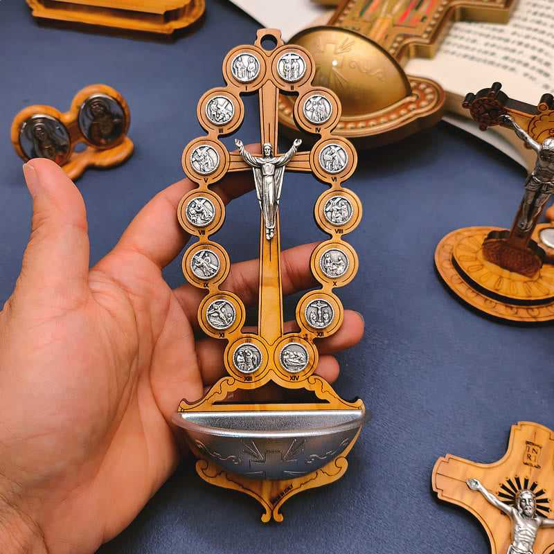 Christianartworkshop Acquasantiera Damian in legno d'ulivo, Stazione della Via Crucis - image 1