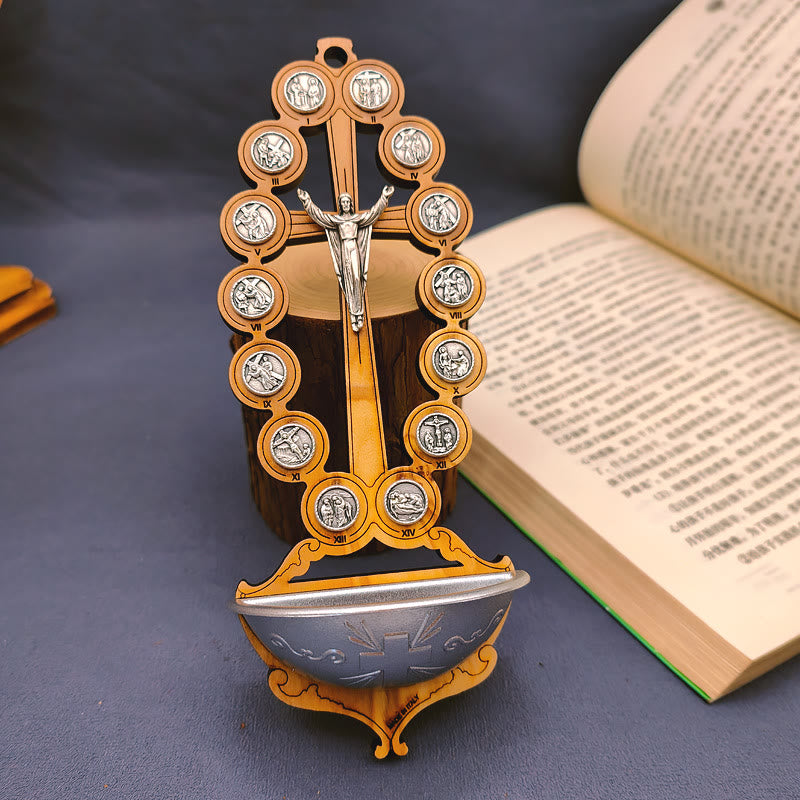 Christianartworkshop Acquasantiera Damian in legno d'ulivo, Stazione della Via Crucis - Acquasantiera - image 0