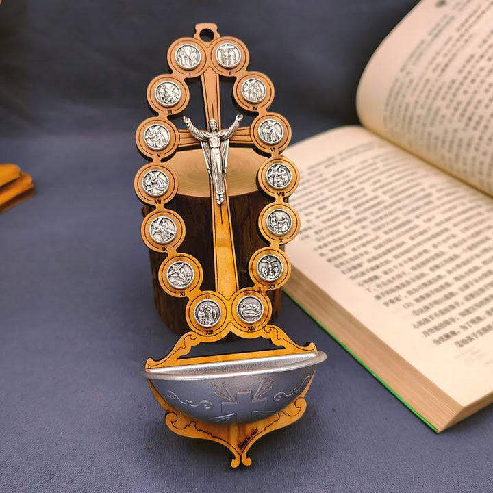 Christianartworkshop Acquasantiera Damian in legno d'ulivo, Stazione della Via Crucis - Acquasantiera - image 0