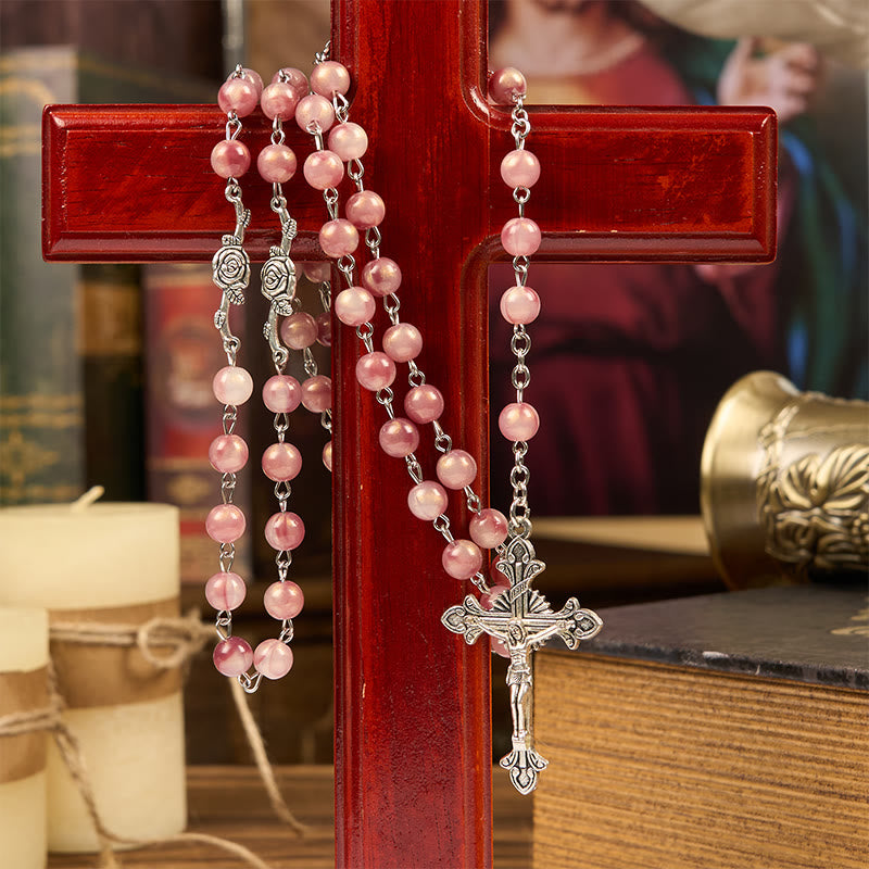 Christianartworkshop Rosario con catena in lega rosa rosa rotonda da 8 mm con Madonna e Crocifisso - image 1