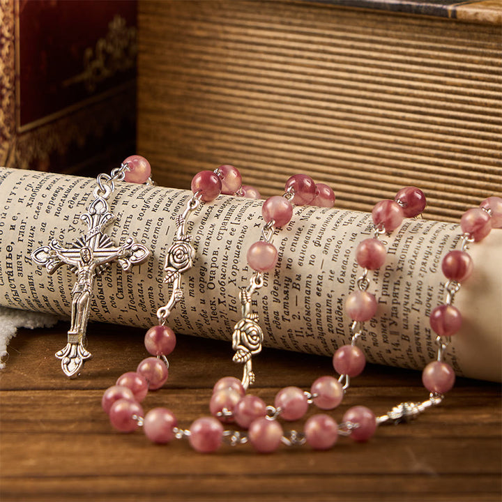 Christianartworkshop Rosario con catena in lega rosa tonda da 8 mm con Madonna e Crocifisso - image 2