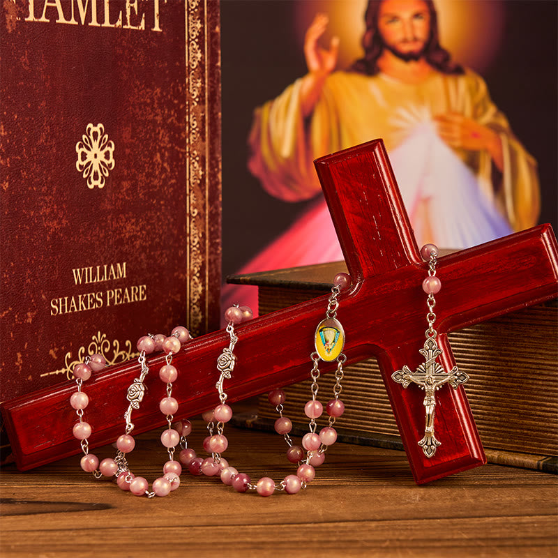 Christianartworkshop Rosario con catena in lega rosa rosa rotonda da 8 mm con Madonna e Crocifisso - image 5
