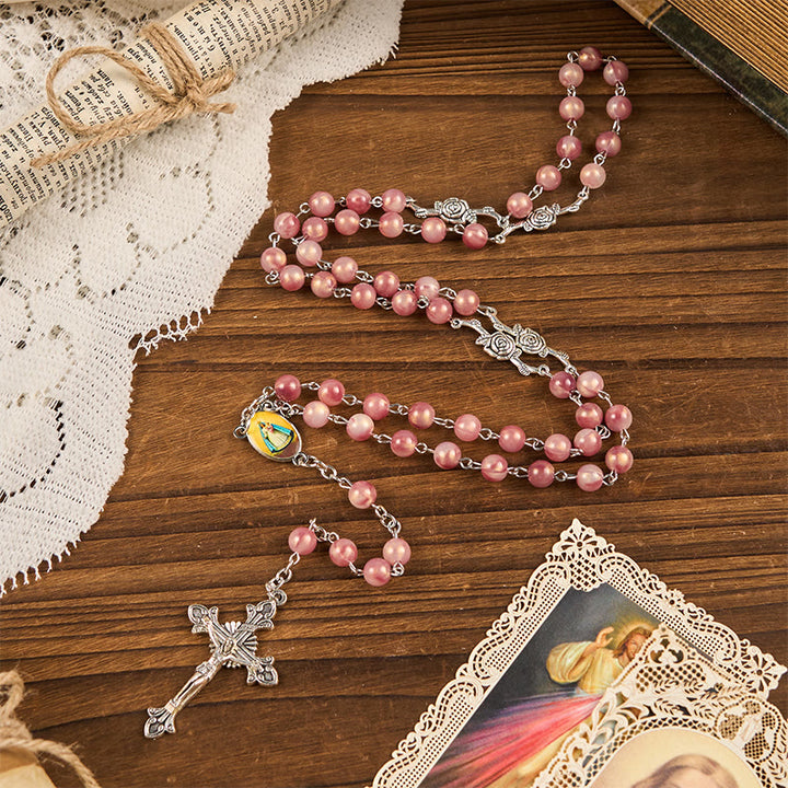 Christianartworkshop Rosario con catena in lega rosa rosa rotonda da 8 mm con Madonna e Crocifisso - image 3