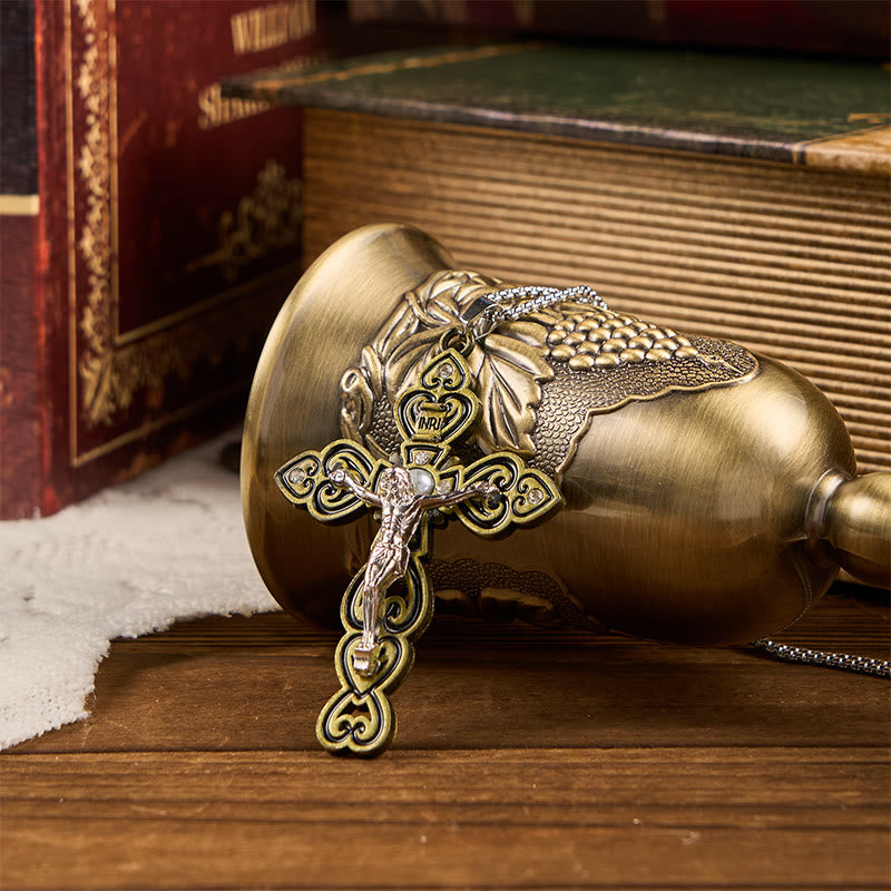 Christianartworkshop 6 colori 3 pietre preziose - Set di crocifisso della Trinità con perla dietro la collana pendente - Bronzo - image 1