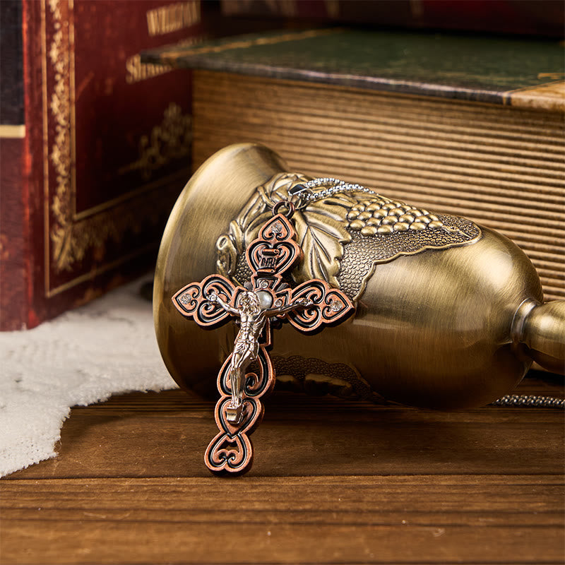 Christianartworkshop 6 colori 3 pietre preziose - Set di crocifisso della Trinità con perla dietro la collana pendente - Rosso rame - image 0