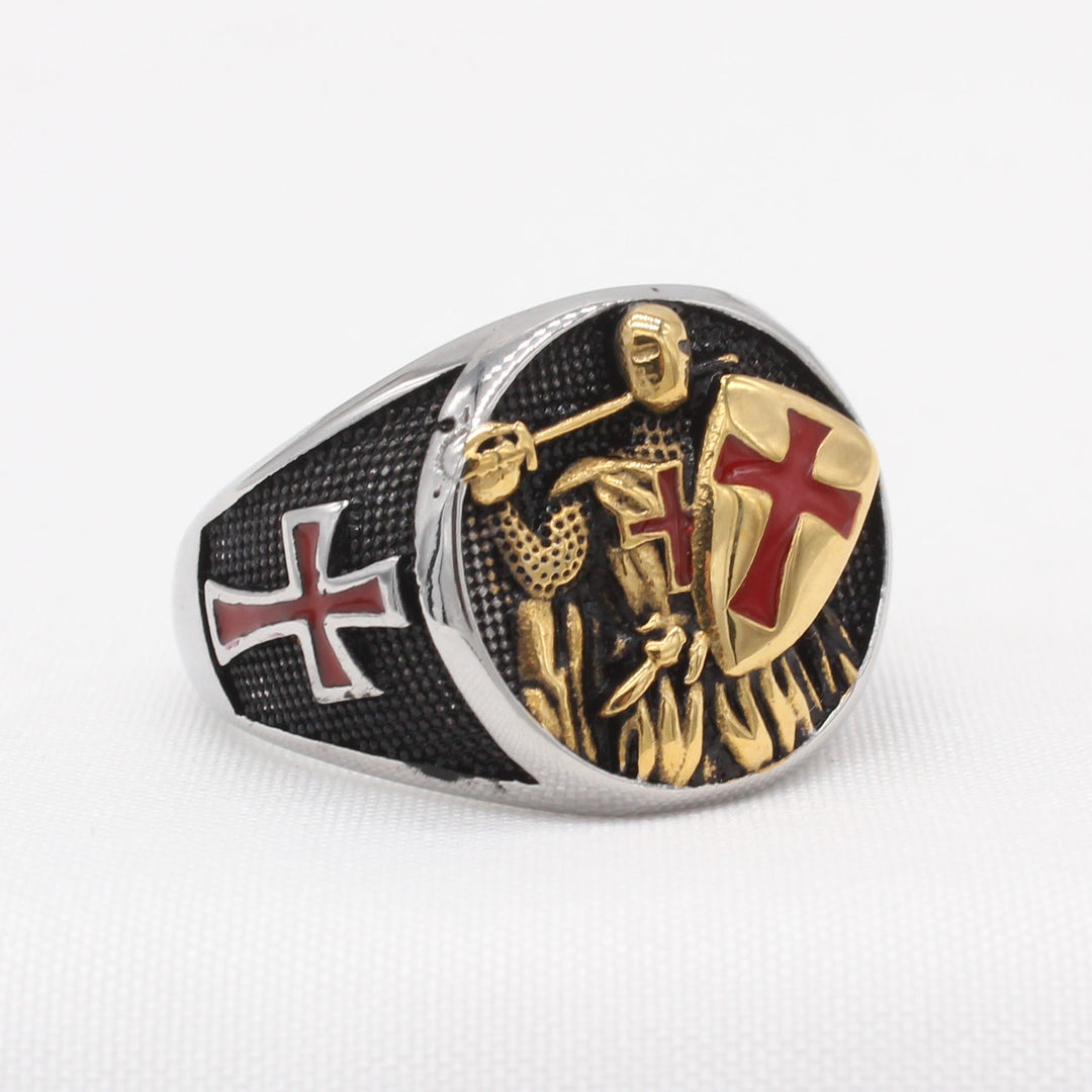 Christianartworkshop Anello con scudo dei Cavalieri Templari in stile classico retrò a 2 colori che ti protegge dalla fede - image 1