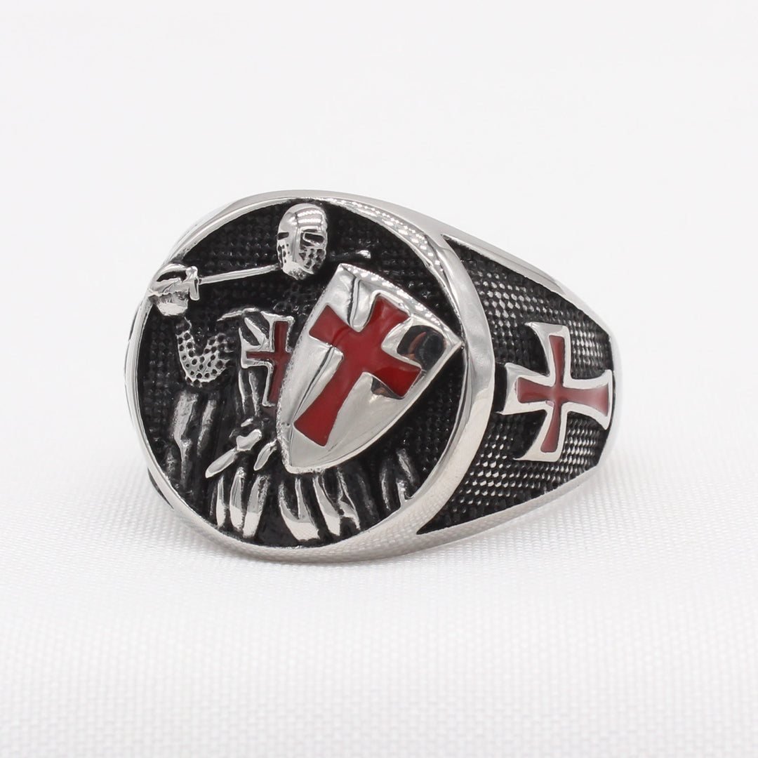 Christianartworkshop Anello con scudo dei Cavalieri Templari in stile classico retrò a 2 colori che ti protegge dalla fede - image 0