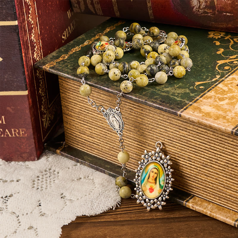 Rosario con catena in lega gialla con medaglia miracolosa e cuore immacolato di pietra rotonda da 8 mm Christianartworkshop - image 3