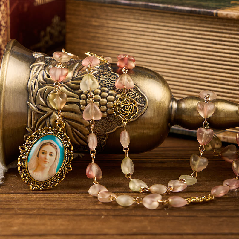 Christianartworkshop Rosario con catena in lega di vetro rosa con medaglia miracolosa e cuore della Madonna da 10 mm - image 1