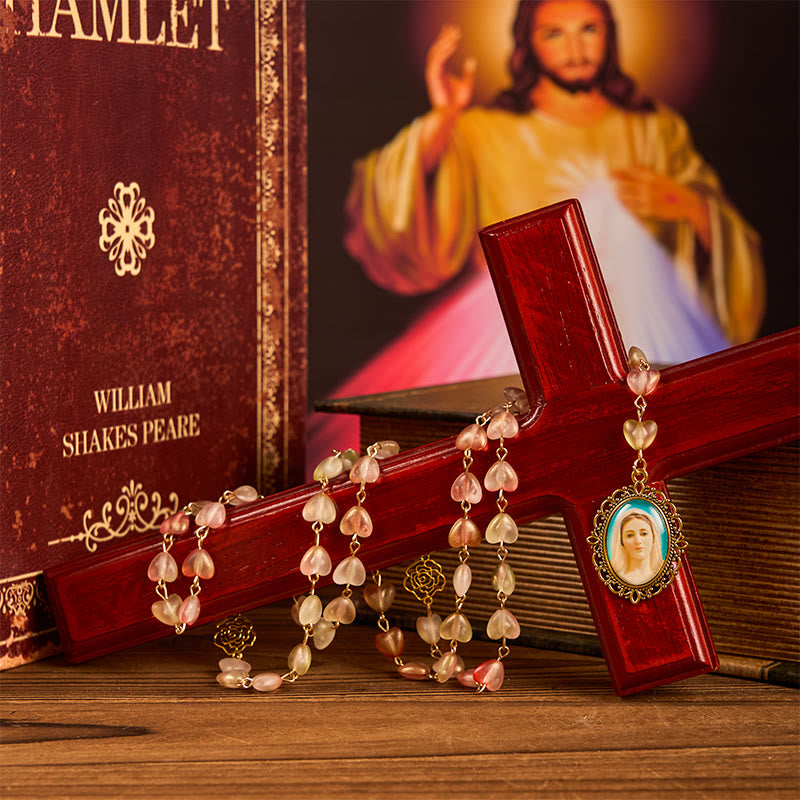 Christianartworkshop Medaglia Miracolosa e Rosario in lega di vetro rosa con cuore da 10 mm della Madonna - image 2