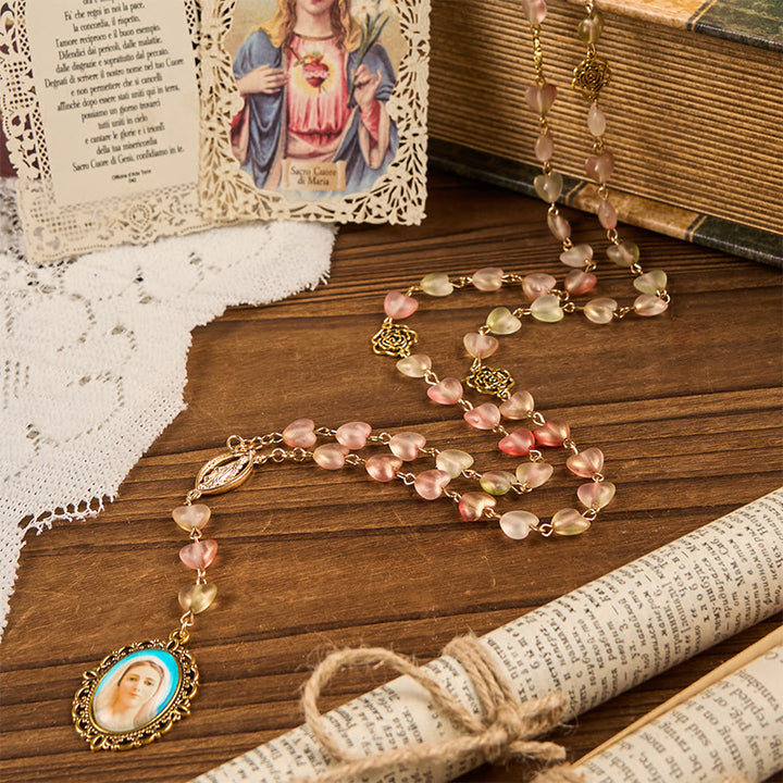 Christianartworkshop Rosario con catena in lega di vetro rosa con medaglia miracolosa e cuore della Madonna da 10 mm - image 3
