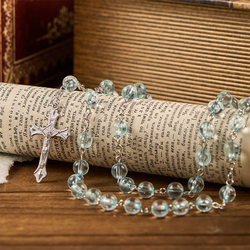 Christianartworkshop Rosario con catena in lega blu in vetro rotondo da 8 mm con Madonna e Crocifisso - image 1