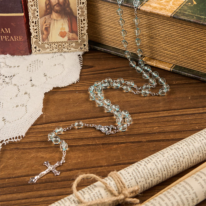 Christianartworkshop Rosario con catena in lega blu in vetro rotondo da 8 mm con Madonna e Crocifisso - image 4