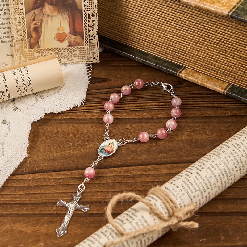 Christianartworkshop Rosario con catena in lega rosa rotonda da 8 mm del Cuore Immacolato di Maria - image 2