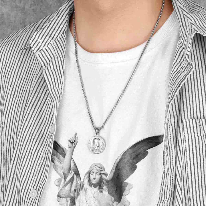 Collana con ciondolo della fede con icona bifacciale di Gesù e Maria in stile classico Christianartworkshop - image 3