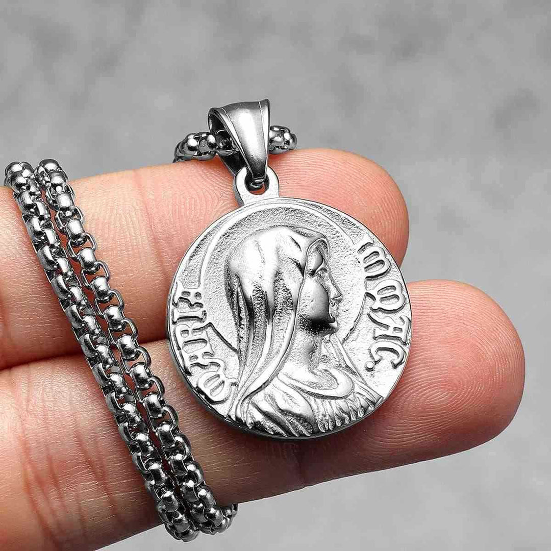 Collana con ciondolo della fede con icona bifacciale di Gesù e Maria in stile classico Christianartworkshop - image 4