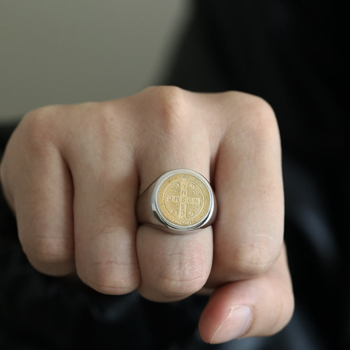 Christianartworkshop 8 stili retrò classico anello di protezione inciso con simbolo di San Benedetto - Argento-oro-1 - US10 - image 5