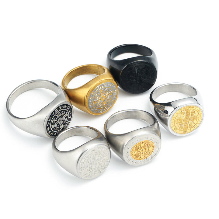 Christianartworkshop 8 stili retrò classico anello di protezione inciso con simbolo di San Benedetto - image 21