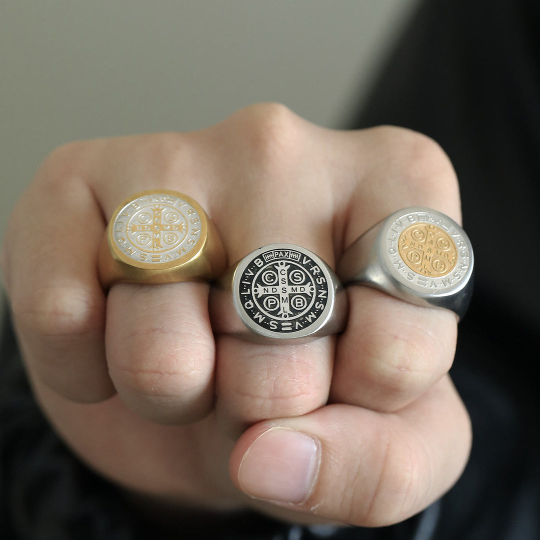 Christianartworkshop 8 stili retrò classico anello di protezione inciso con simbolo di San Benedetto - image 14