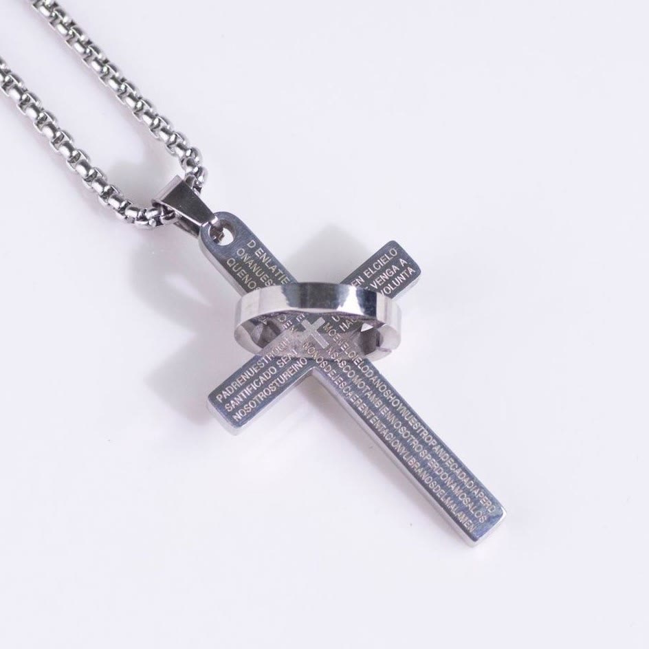 Christianartworkshop Collana con ciondolo minimalista a forma di croce con versetto biblico e anello - Argento - image 0