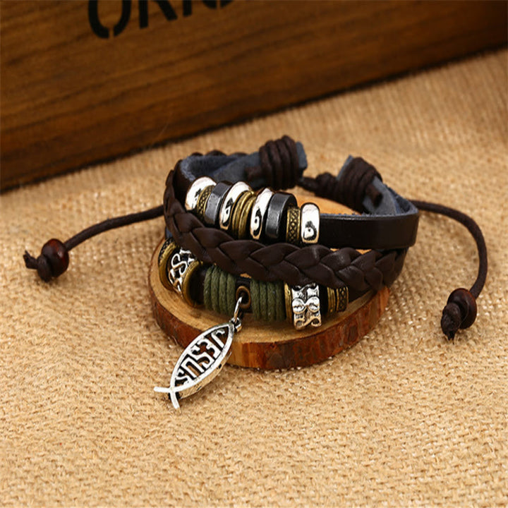 Christianartworkshop Braccialetto regolabile in pelle con motivo retrò Gesù-Pesce - image 2