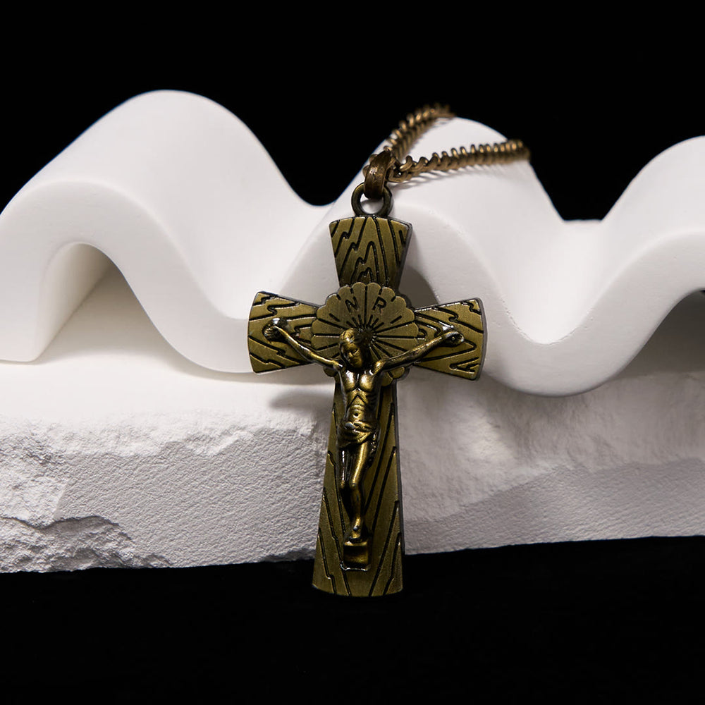 Collana con ciondolo in acciaio al titanio e croce di Gesù con motivo ad albero in stile retrò Christianartworkshop - Rame antico - image 1