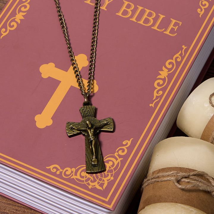 Collana con ciondolo in acciaio al titanio e croce di Gesù con motivo ad albero in stile retrò Christianartworkshop - image 9