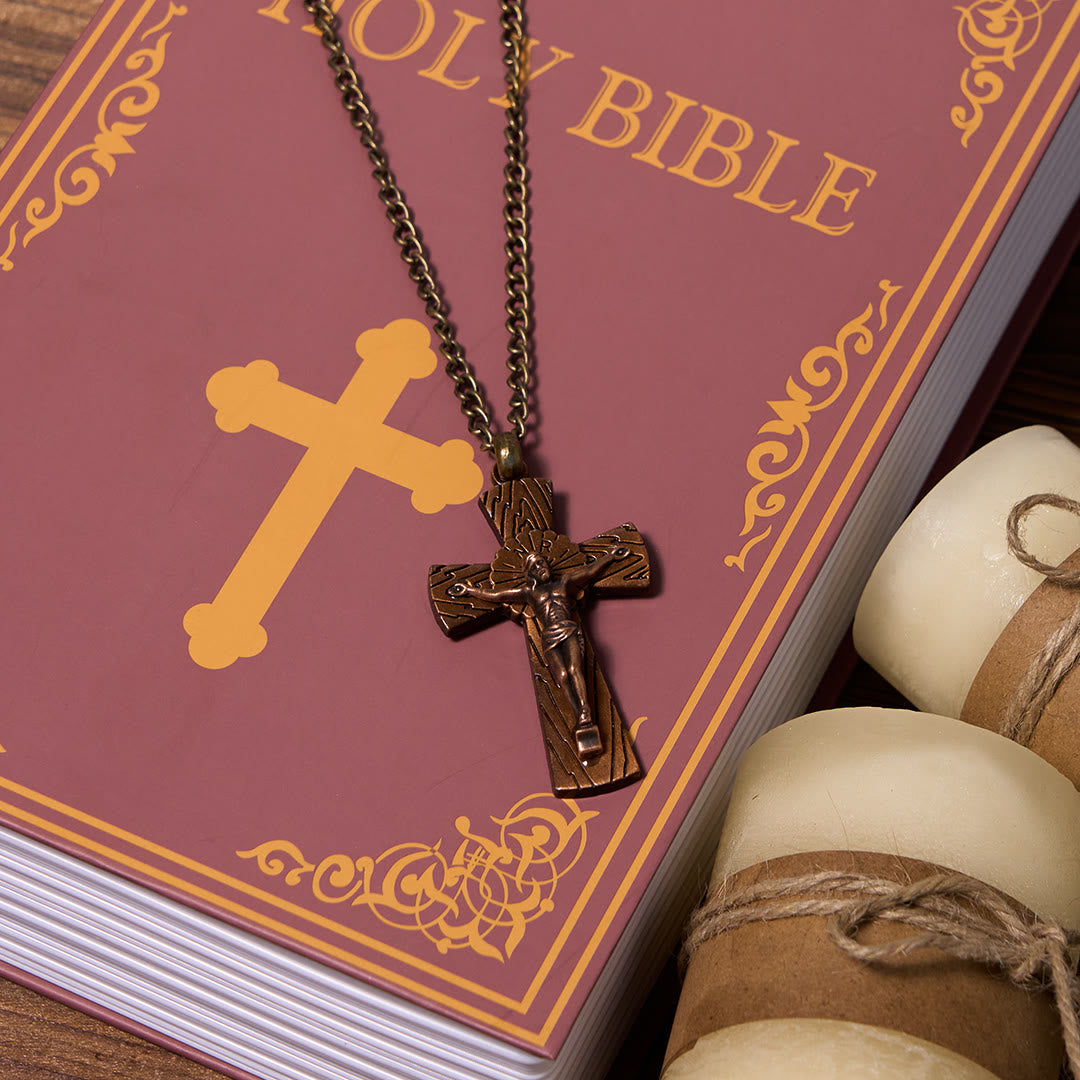 Collana con ciondolo in acciaio al titanio e croce di Gesù con motivo ad albero in stile retrò Christianartworkshop - image 12