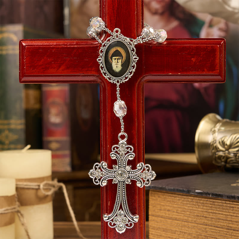 Christianartworkshop Medaglia di San Charbel e Croce di Cristallo Trasparente da 10 mm Rosario Tascabile da Una Decina - image 3