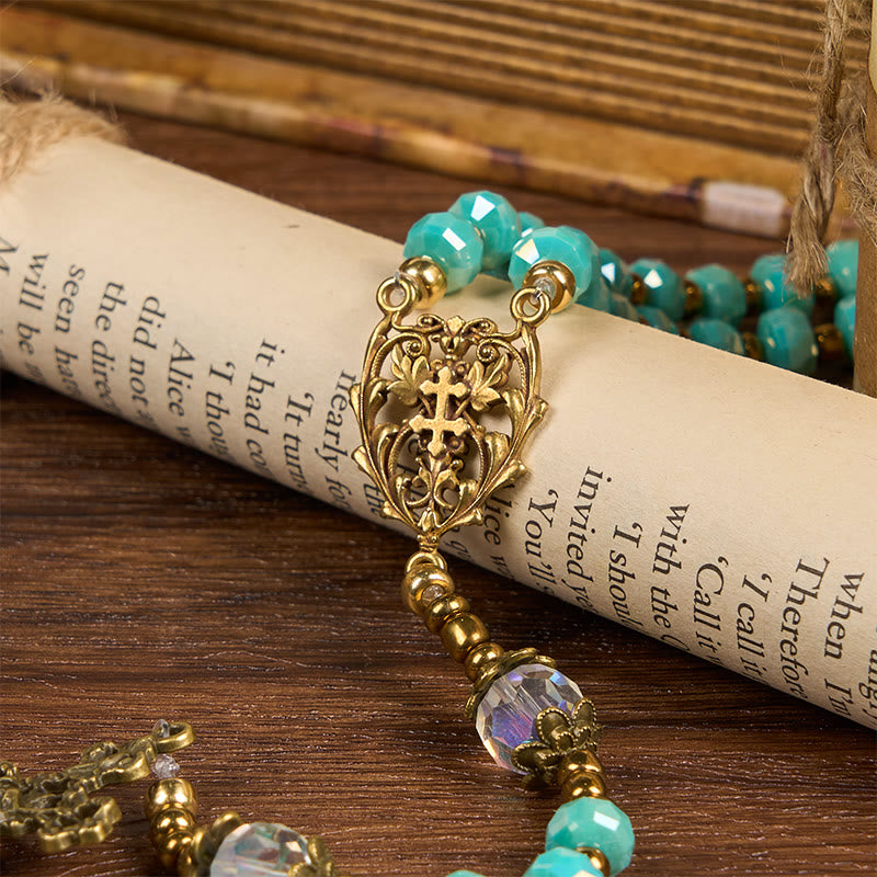 Christianartworkshop Croce della Lorena e Crocifisso di 8 mm Rondelle Pietra Acquamarina Rosario in cordino di nylon - image 1