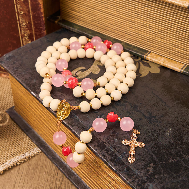 Christianartworkshop Medaglia miracolosa e crocifisso di grani di preghiera in legno naturale da 10 mm Rosario fatto a mano - Medaglia miracolosa e crocifisso - image 0